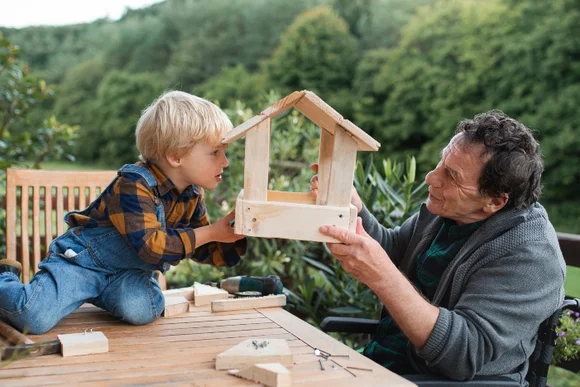 Zwei Personen bauen ein Vogelhaus.